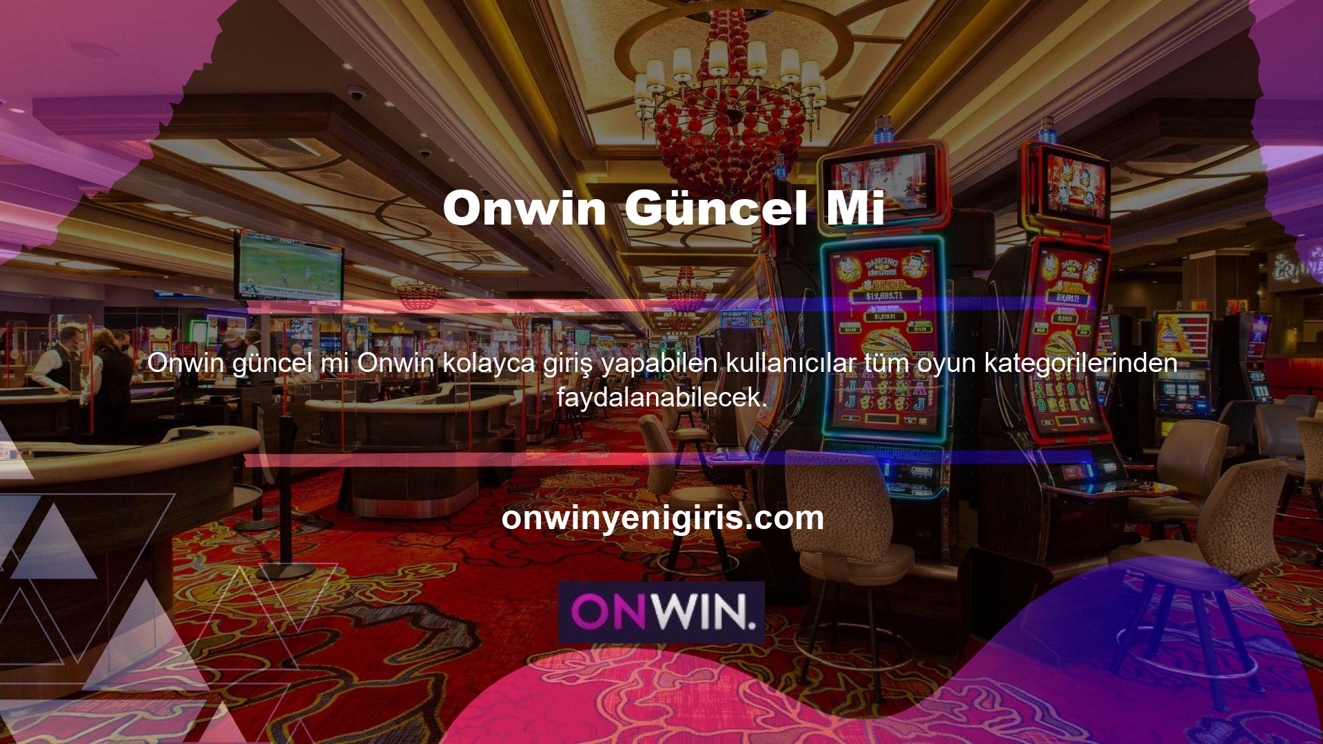 Onwin Oyunlar menüsünde yer alan oyun türleri Spor Bahisleri, Canlı Bahisler, Casino, Canlı Casinolar, 3D Slotlar ve TV Oyunları olarak sıralanmıştır